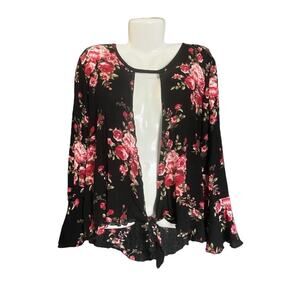 Free Kisses Women's Black w/ Roses Print Tie Front Overlay Bell Slv Blouse SZ 2X